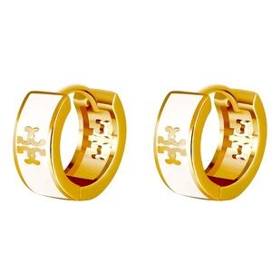 TORY BURCH GOLD & WHITE LOGO HUGGIE HOOP EARRINGS